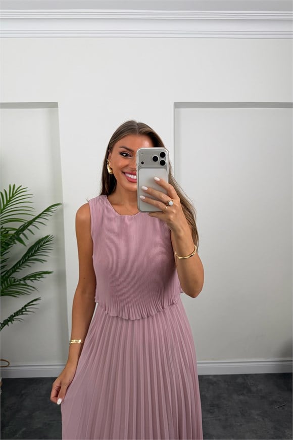 Premium Seri Pileli Maxi Şifon Elbise Pastel Pembe
