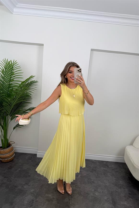 Premium Seri Pileli Maxi Şifon Elbise Butter Yellow - Sarı