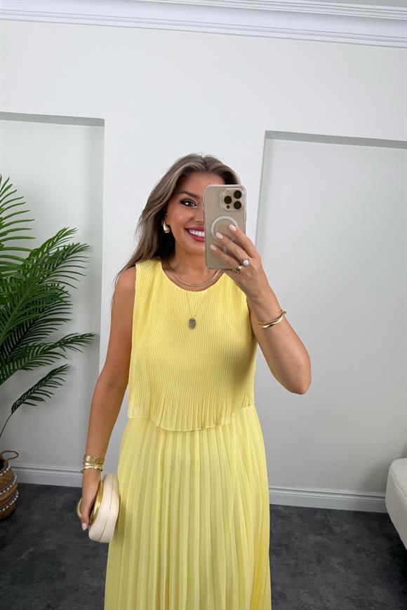 Premium Seri Pileli Maxi Şifon Elbise Butter Yellow - Sarı