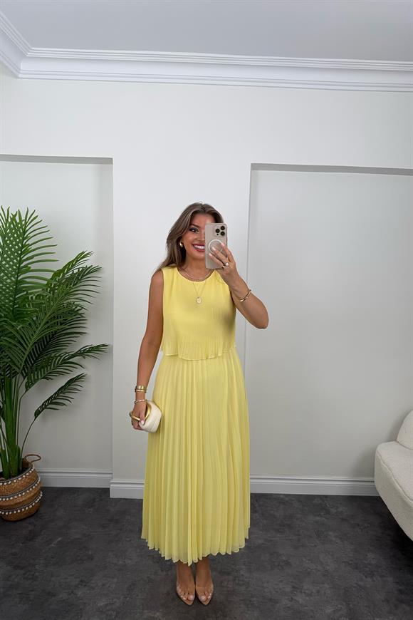 Premium Seri Pileli Maxi Şifon Elbise Butter Yellow - Sarı