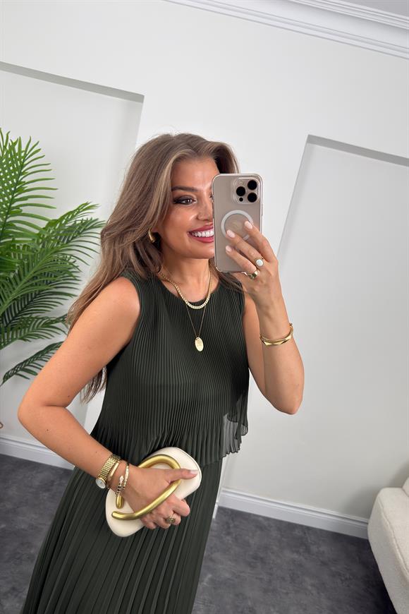 Premium Seri Pileli Maxi Şifon Elbise Haki