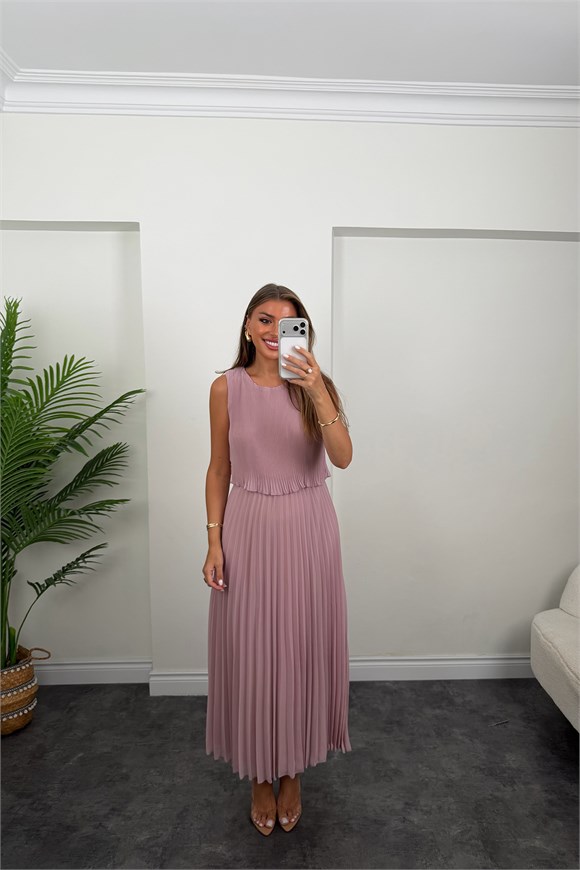 Premium Seri Pileli Maxi Şifon Elbise Pastel Pembe