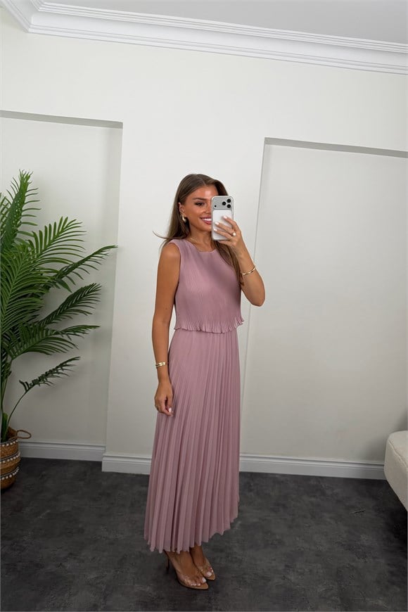 Premium Seri Pileli Maxi Şifon Elbise Pastel Pembe