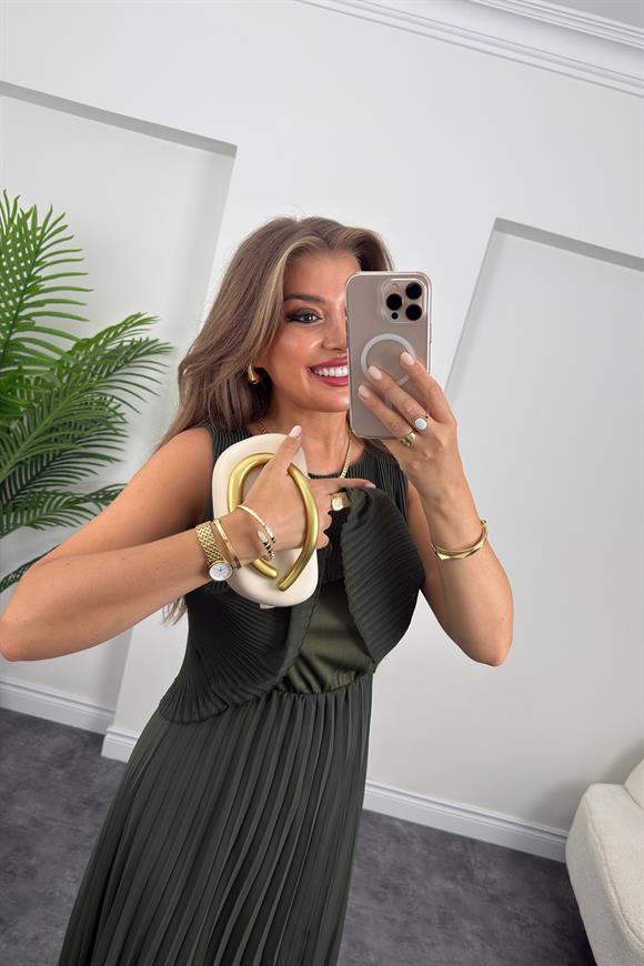 Premium Seri Pileli Maxi Şifon Elbise Haki