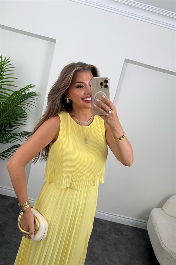 Premium Seri Pileli Maxi Şifon Elbise Butter Yellow - Sarı