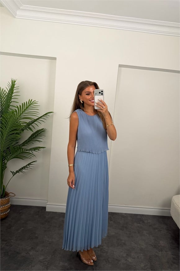 Premium Seri Pileli Maxi Şifon Elbise Pastel Mavi