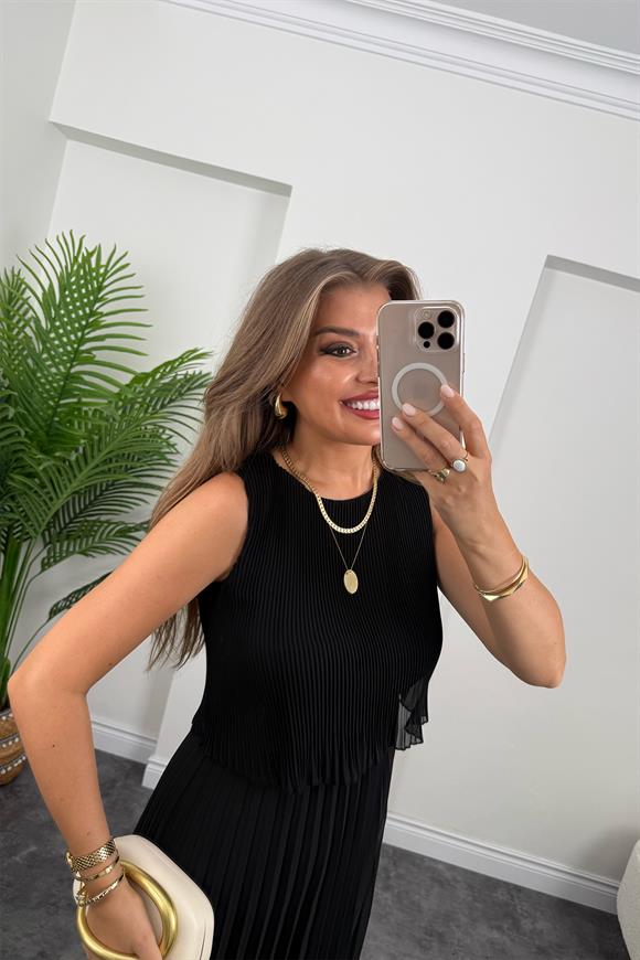 Premium Seri Pileli Maxi Şifon Elbise Siyah