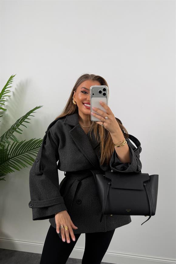 Premium Seri Pinterest Apoletli Kalın Kaşe Kaban Antrasit