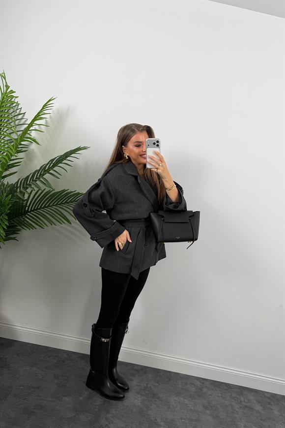 Premium Seri Pinterest Apoletli Kalın Kaşe Kaban Antrasit