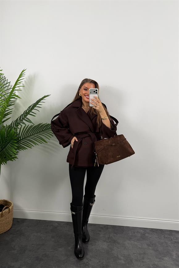 Premium Seri Pinterest Apoletli Kalın Kaşe Kaban Acı Kahve