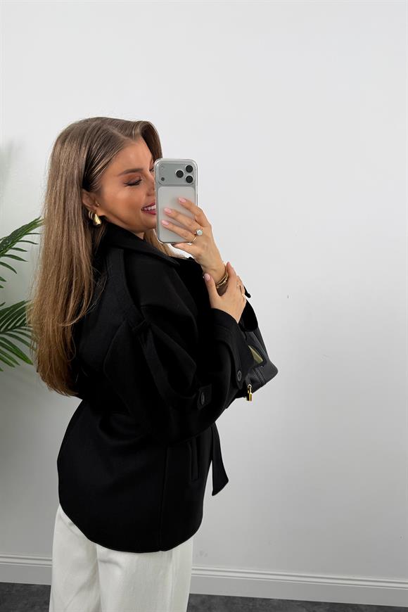 Premium Seri Pinterest Apoletli Kalın Kaşe Kaban Siyah