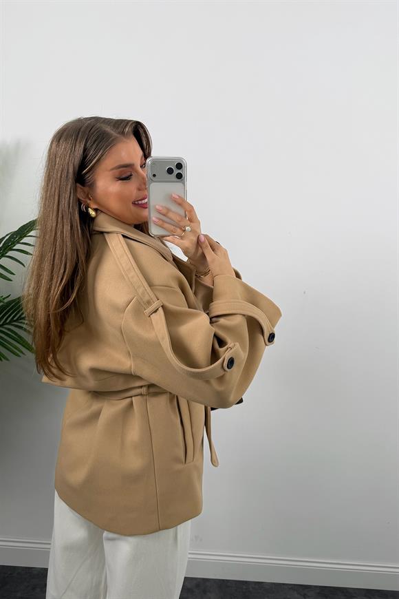 Premium Seri Pinterest Apoletli Kalın Kaşe Kaban Camel