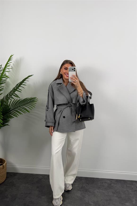 Premium Seri Pinterest Apoletli Kalın Kaşe Kaban Gri