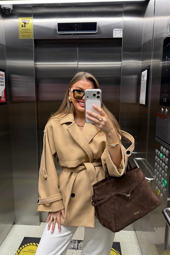 Premium Seri Pinterest Apoletli Kalın Kaşe Kaban Camel