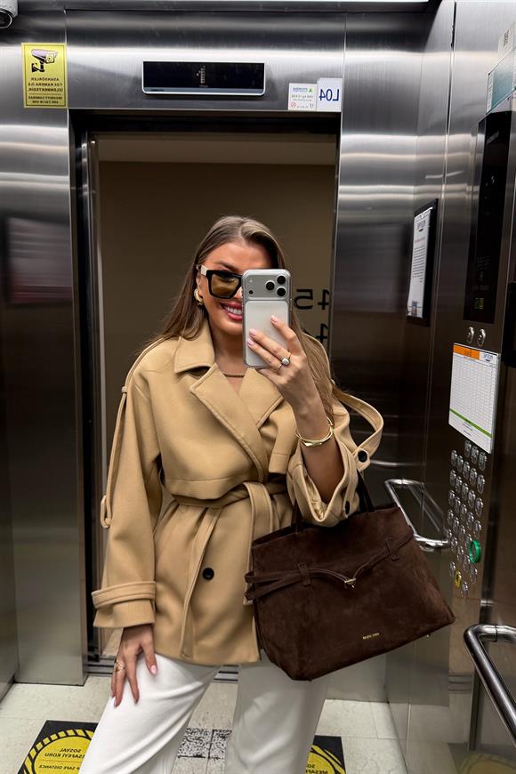 Premium Seri Pinterest Apoletli Kalın Kaşe Kaban Camel