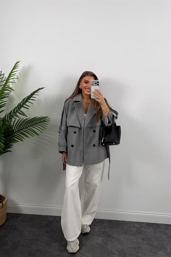 Premium Seri Pinterest Apoletli Kalın Kaşe Kaban Gri