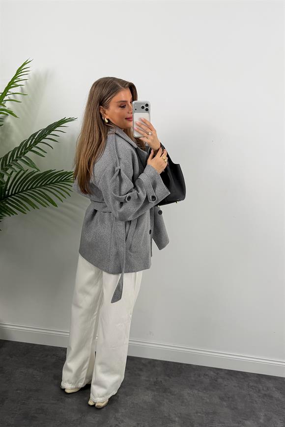 Premium Seri Pinterest Apoletli Kalın Kaşe Kaban Gri