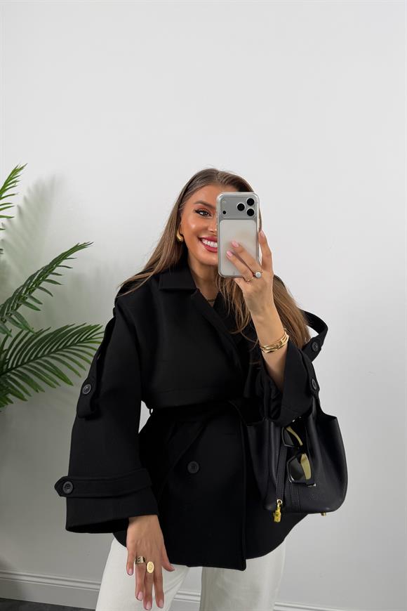 Premium Seri Pinterest Apoletli Kalın Kaşe Kaban Siyah