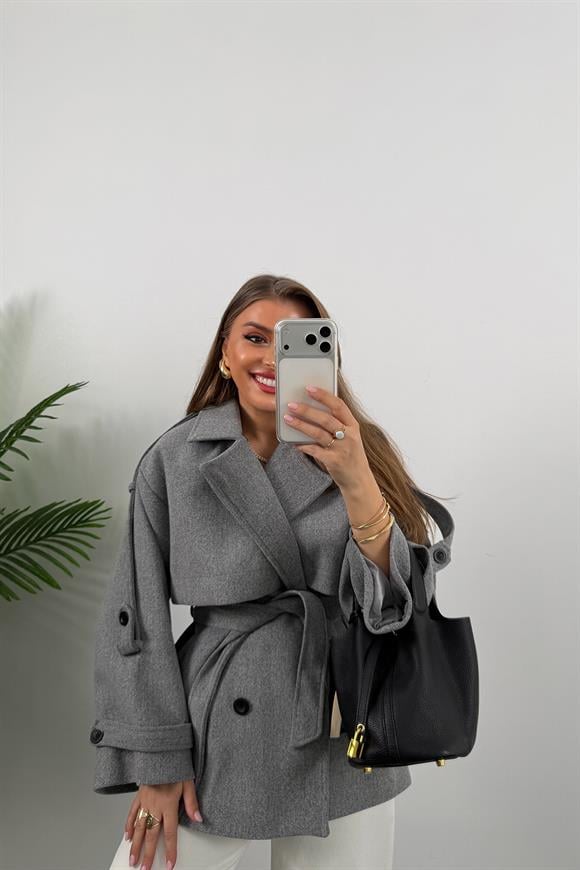 Premium Seri Pinterest Apoletli Kalın Kaşe Kaban Gri