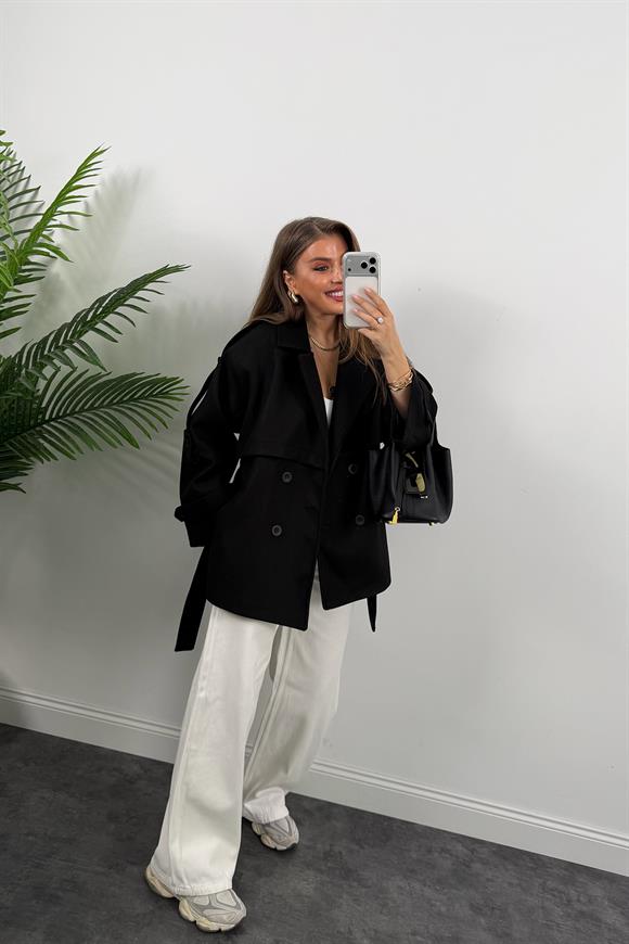 Premium Seri Pinterest Apoletli Kalın Kaşe Kaban Siyah