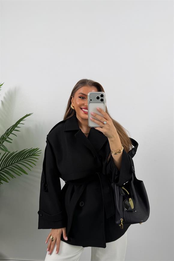 Premium Seri Pinterest Apoletli Kalın Kaşe Kaban Siyah