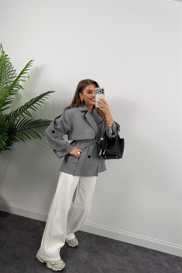 Premium Seri Pinterest Apoletli Kalın Kaşe Kaban Gri