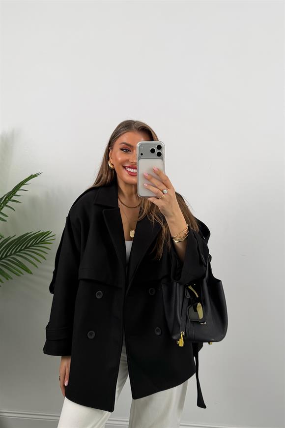 Premium Seri Pinterest Apoletli Kalın Kaşe Kaban Siyah