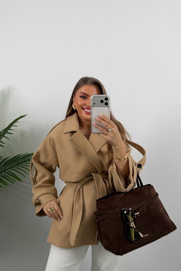Premium Seri Pinterest Apoletli Kalın Kaşe Kaban Camel