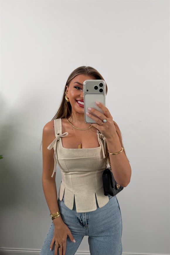 Premium Seri Tasarım Korse Bluz Naturel Keten