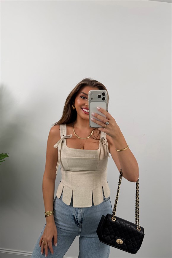 Premium Seri Tasarım Korse Bluz Naturel Keten