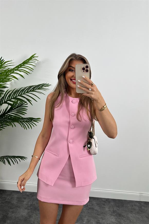 Premium Seri Pinterest Model Etek Yelek Takım Pembe