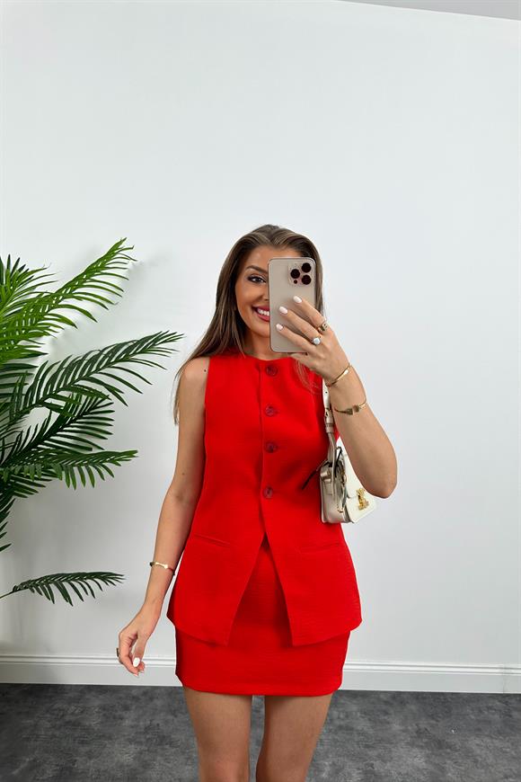 Premium Seri Pinterest Model Etek Yelek Takım Keten Versiyon Kırmızı
