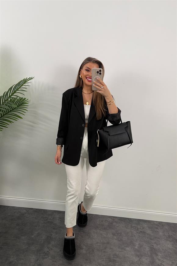 Premium Seri Pinterest Model Oversize Poliviskon Blazer Ceket Siyah