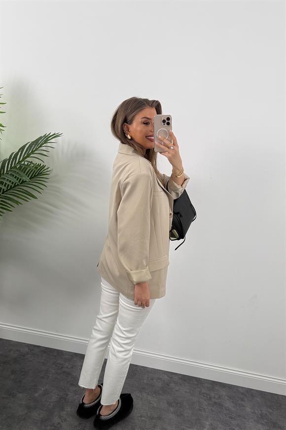 Premium Seri Pinterest Model Oversize Poliviskon Blazer Ceket Taş