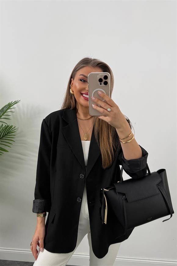 Premium Seri Pinterest Model Oversize Poliviskon Blazer Ceket Siyah