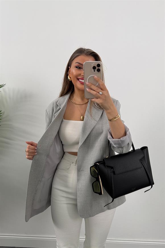 Premium Seri Pinterest Model Oversize Poliviskon Blazer Ceket Gri