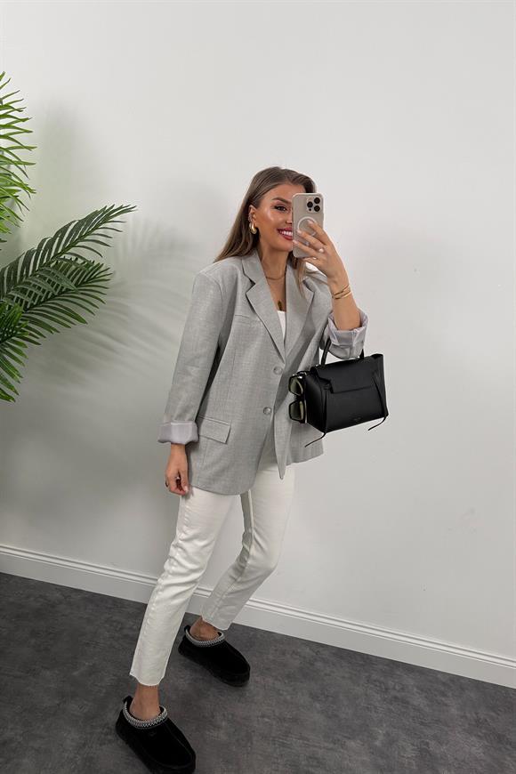 Premium Seri Pinterest Model Oversize Poliviskon Blazer Ceket Gri