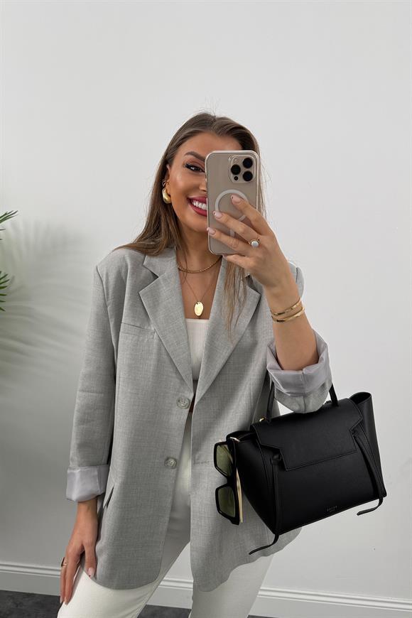 Premium Seri Pinterest Model Oversize Poliviskon Blazer Ceket Gri