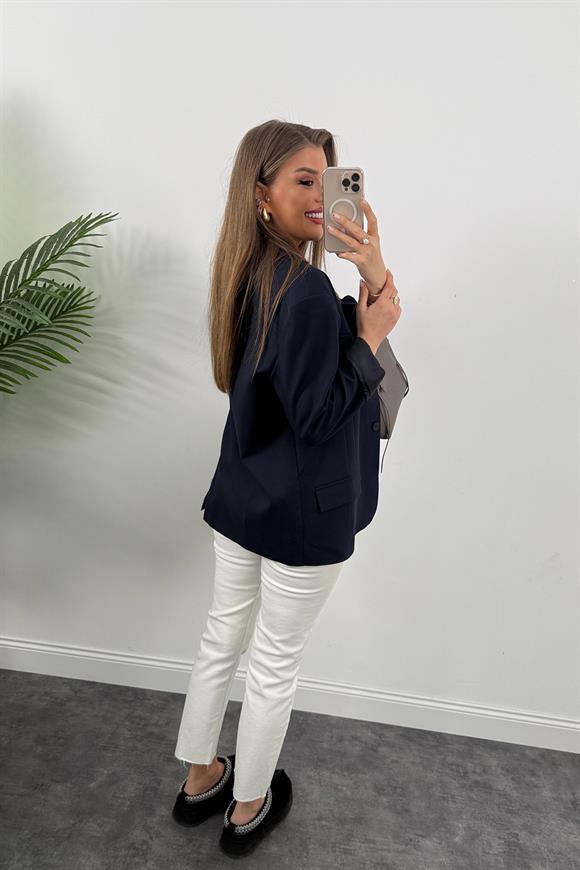 Premium Seri Pinterest Model Oversize Poliviskon Blazer Ceket Lacivert
