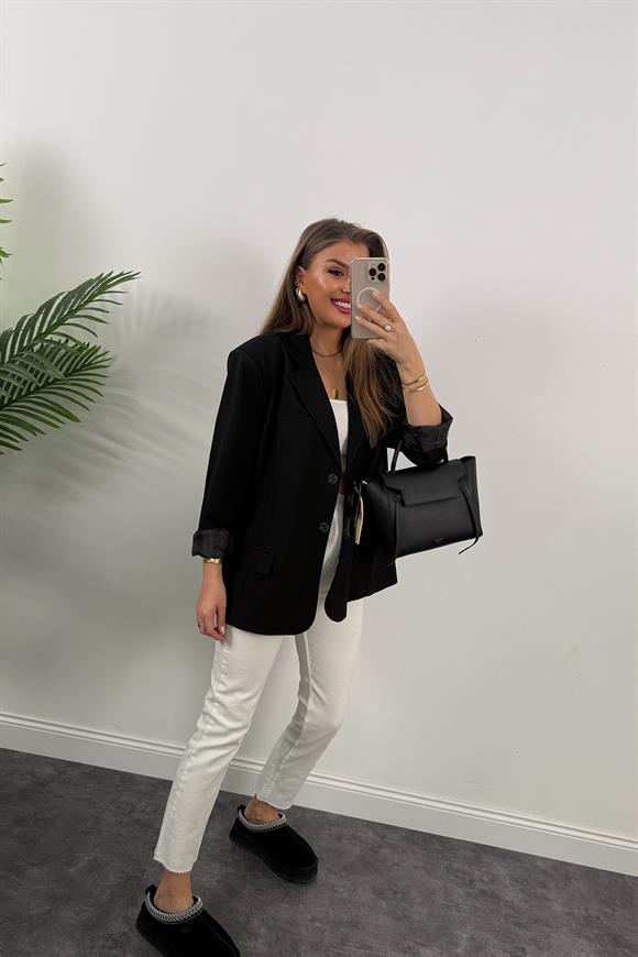 Premium Seri Pinterest Model Oversize Poliviskon Blazer Ceket Siyah