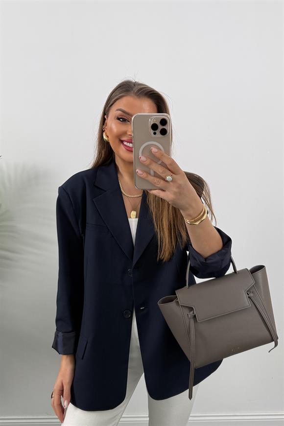 Premium Seri Pinterest Model Oversize Poliviskon Blazer Ceket Lacivert