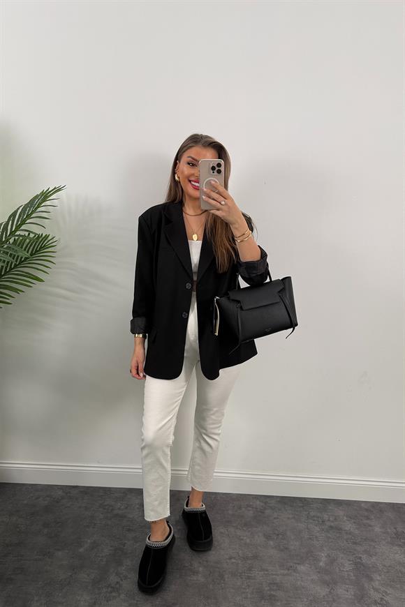 Premium Seri Pinterest Model Oversize Poliviskon Blazer Ceket Siyah