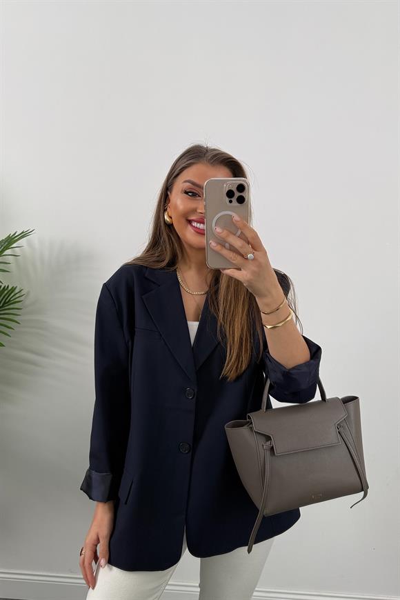 Premium Seri Pinterest Model Oversize Poliviskon Blazer Ceket Lacivert