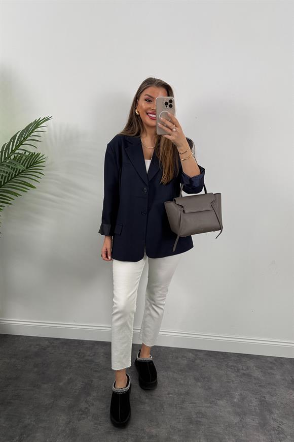 Premium Seri Pinterest Model Oversize Poliviskon Blazer Ceket Lacivert