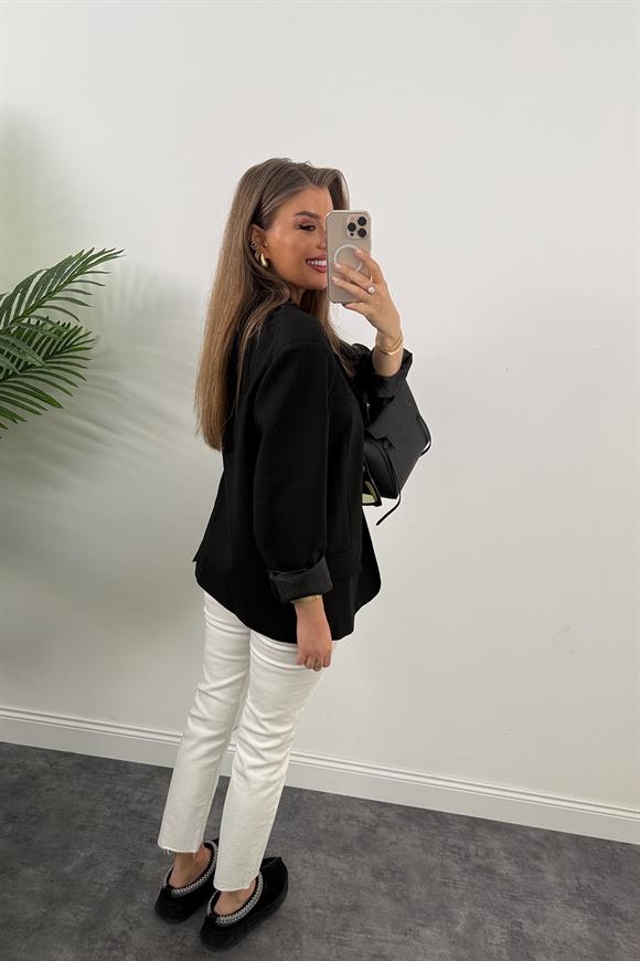 Premium Seri Pinterest Model Oversize Poliviskon Blazer Ceket Siyah