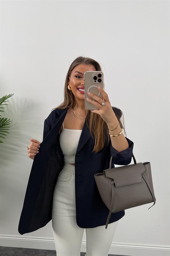 Premium Seri Pinterest Model Oversize Poliviskon Blazer Ceket Lacivert