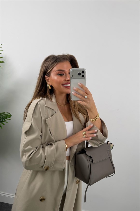 Premium Seri Poliviskon Kumaş Fit Kalıp Apoletli Trençkot Taş