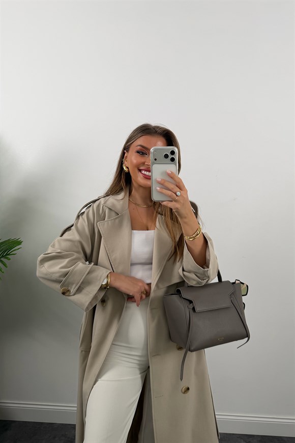 Premium Seri Poliviskon Kumaş Fit Kalıp Apoletli Trençkot Taş