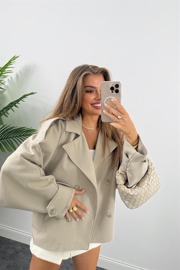 Premium Seri Poliviskon Kumaş Kol  Detaylı Kısa Trençkot Taş