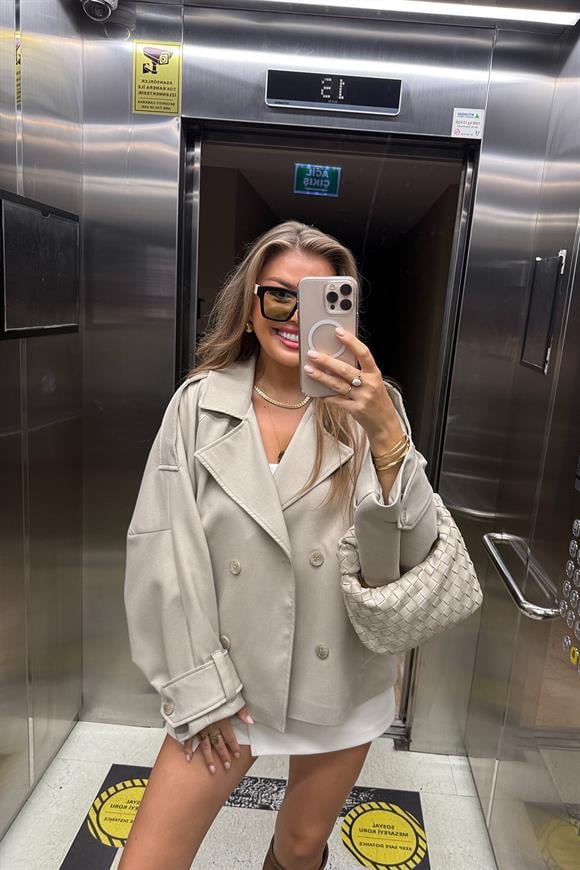 Premium Seri Poliviskon Kumaş Kol  Detaylı Kısa Trençkot Taş